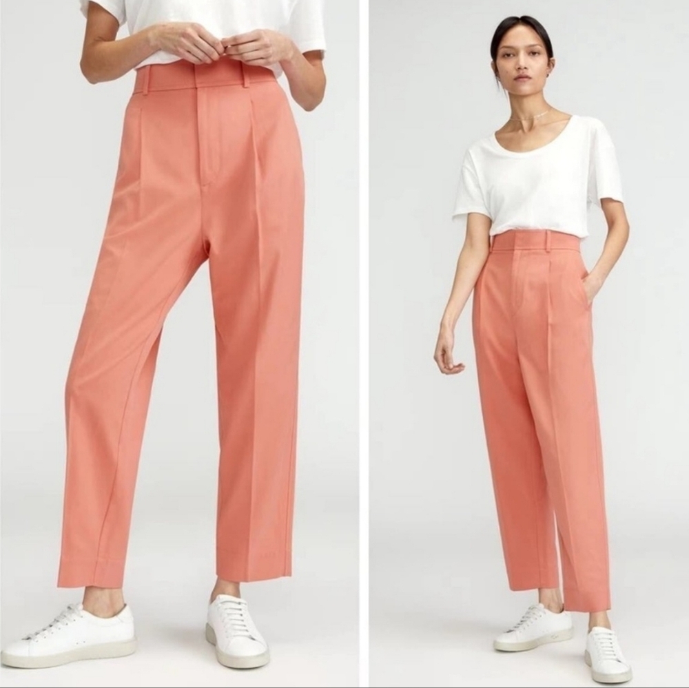 Everlane Tencel High Waisted Rise Pleated Pants Coral Pink Tapered Trousers